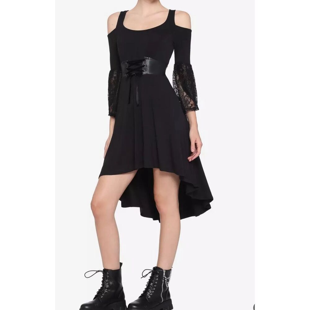 Hot Topic Black Lace Cold Shoulder Hi-Low Corset Dress Nwot Medium - Picture 8 of 8
